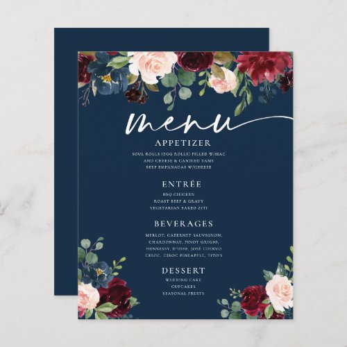 Navy Burgundy Blush Floral Wedding Flat Menu