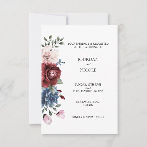 Navy Burgundy  Blush Floral Wedding Invitation
