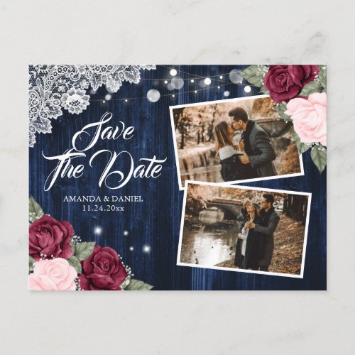 Navy Burgundy Blush Floral Wood Lace Wedding Photo Announcement Postcard