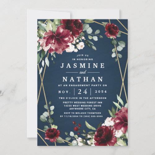Navy Burgundy Blush Gold Floral Engagement Party Invitation
