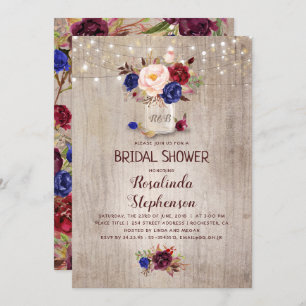Navy Burgundy Blush Mason Jar Rustic Bridal Shower Invitation