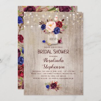 Navy Burgundy Blush Mason Jar Rustic Bridal Shower Invitation by lovelywow at Zazzle
