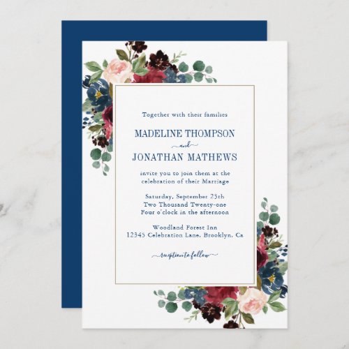 Navy Burgundy Blush Peonies Eucalyptus Wedding Invitation