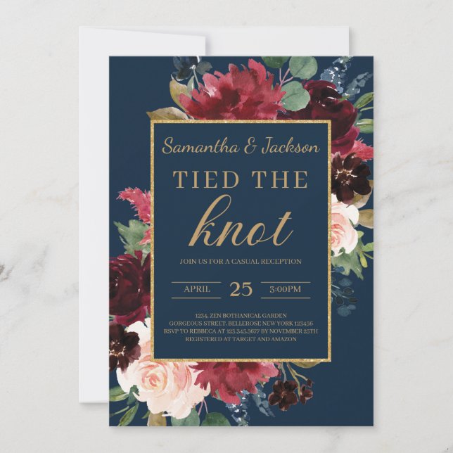 Navy Burgundy blush pink floral gold tied the knot Invitation (Front)