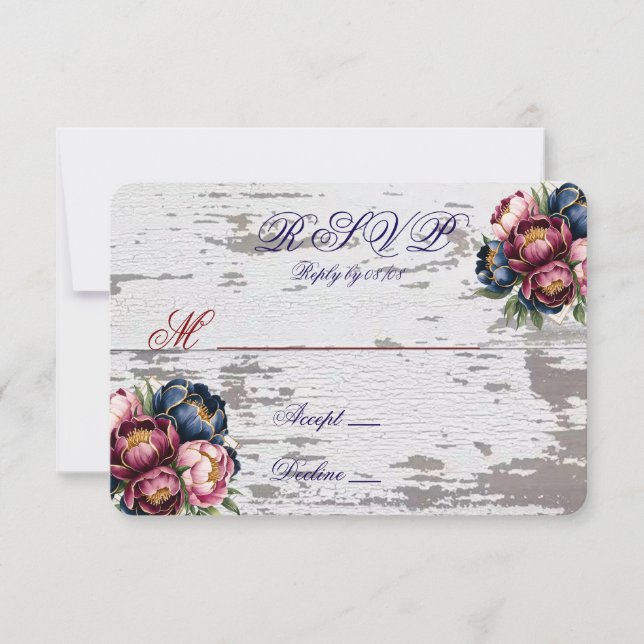 Navy Burgundy Blush Pink Peony Gold Wedding RSVP  Card (Front)