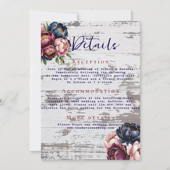 Navy Burgundy Blush Pink Peony Wedding Details Invitation (Front)