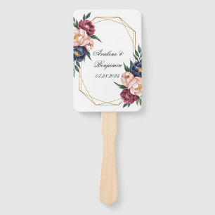 Navy Burgundy Blush Pink Peony Wedding Hand Fan