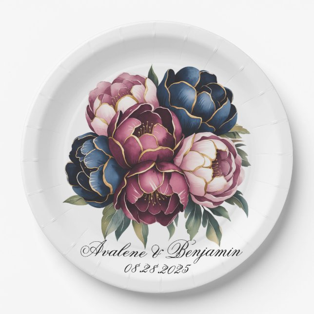 Navy Burgundy Blush Pink Peony Wedding Paper Plates (Front)