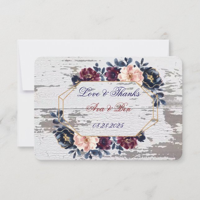 Navy Burgundy Blush Pink Peony Wedding Thank You Card (Front)