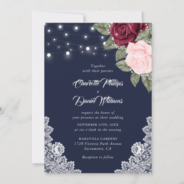 Navy Burgundy Blush Rustic Lace Floral Wedding Invitation (Front)