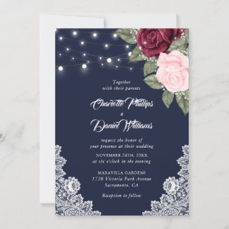 Navy Burgundy Blush Rustic Lace Floral Wedding Invitation