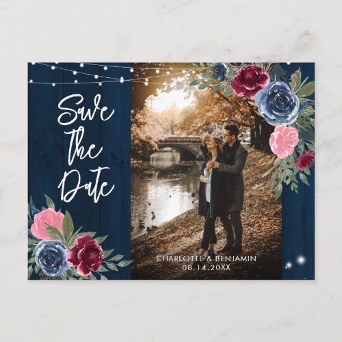 Navy Burgundy Blush Wedding Photo Save The Date Postcard