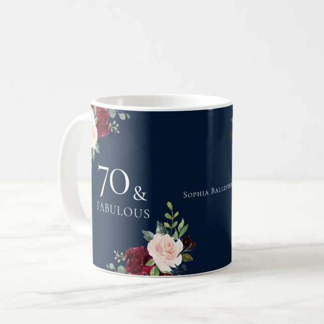 Navy Burgundy Blush Woman 70th Birthday Party Gift Coffee Mug (Front Left)