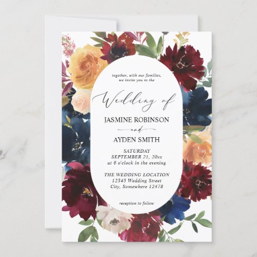 Navy Burgundy BlushPink  Peach Floral 2 Wedding Invitation