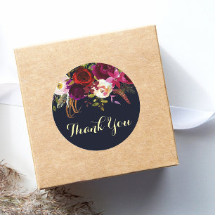 Navy Burgundy Boho Floral Fall Wedding Thank You Classic Round Sticker