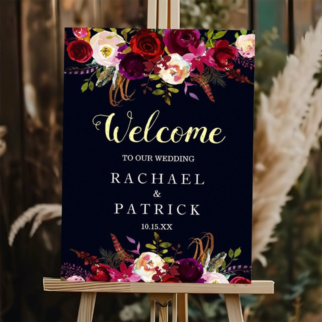 Navy Burgundy Boho Floral Welcome Wedding Sign (Creator Uploaded)