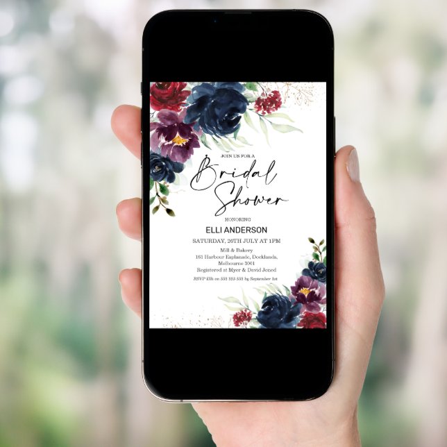 Navy Burgundy Bold Floral Bridal Shower Invitation (Front Digital)