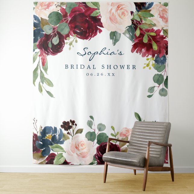Navy Burgundy Bridal Shower Decor Backdrop (In Situ)