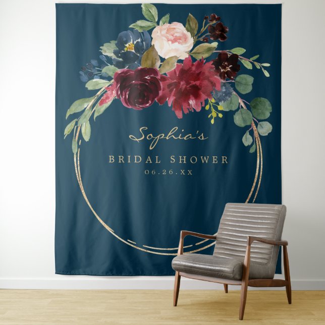 Navy Burgundy Bridal Shower Decor Backdrop (In Situ)