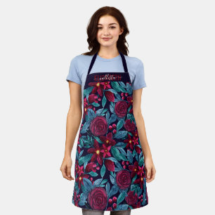 Navy Burgundy Christmas Floral Watercolor Monogram Apron