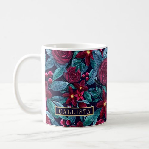 Navy Burgundy Christmas Floral Watercolor Monogram Coffee Mug