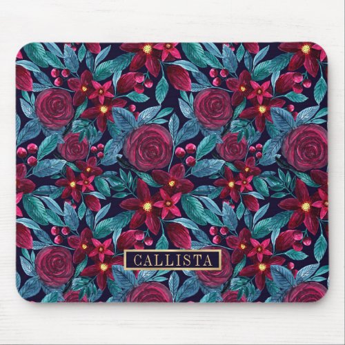 Navy Burgundy Christmas Floral Watercolor Monogram Mouse Pad