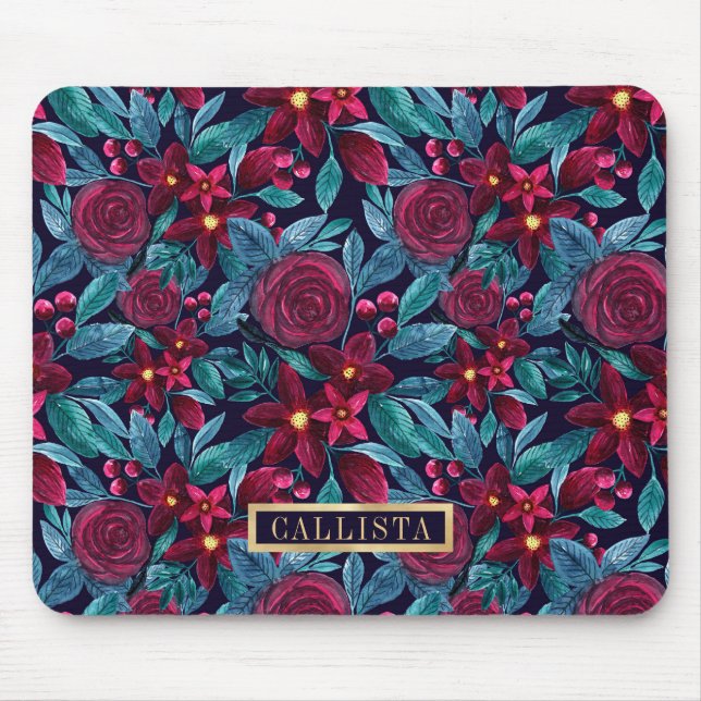 Navy Burgundy Christmas Floral Watercolor Monogram Mouse Pad (Front)