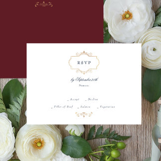 navy burgundy classic gold crest wedding RSVP card