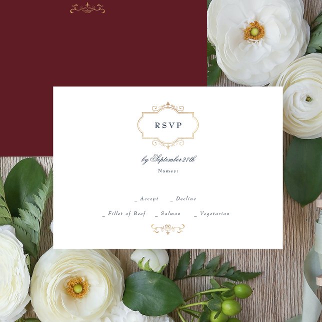 navy burgundy classic gold crest wedding RSVP card (Creator Uploaded)