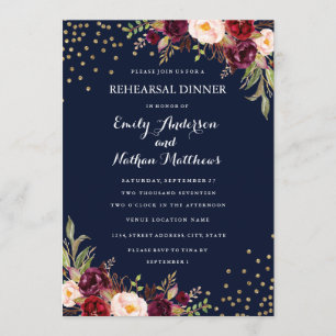 Navy Burgundy Confetti Floral Rehearsal Dinner Invitation