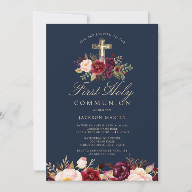 Navy Burgundy Cross Boys First Communion  Invitation (Front)