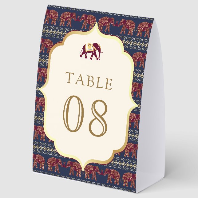 Navy Burgundy Elephant Indian Wedding Table Number Paper Table Tent (Front)