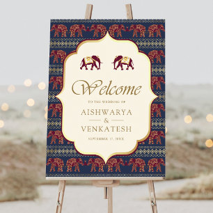 Navy Burgundy Elephant Indian Wedding Welcome Sign