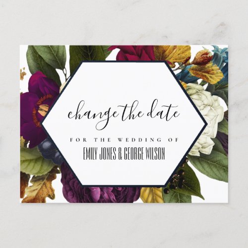 NAVY BURGUNDY FALL FLORAL WEDDING CHANGE THE DATE ANNOUNCEMENT POSTCARD