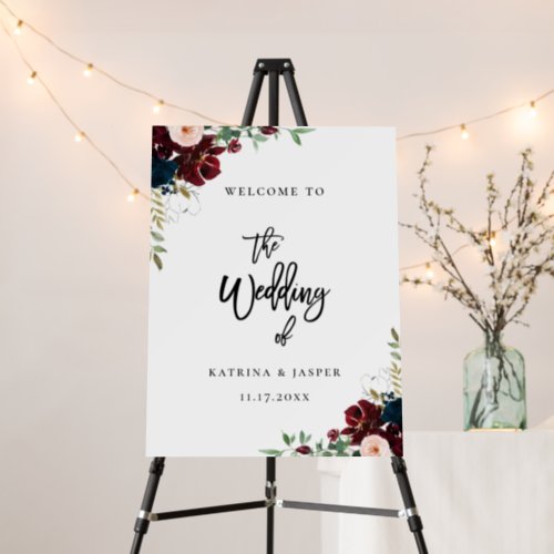 Navy Burgundy Fall Floral Wedding Welcome Foam Board