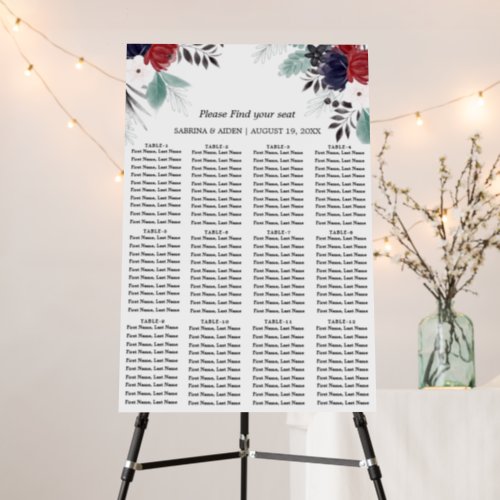 Navy Burgundy Floral 12 Tables Seating Chart Foam Board