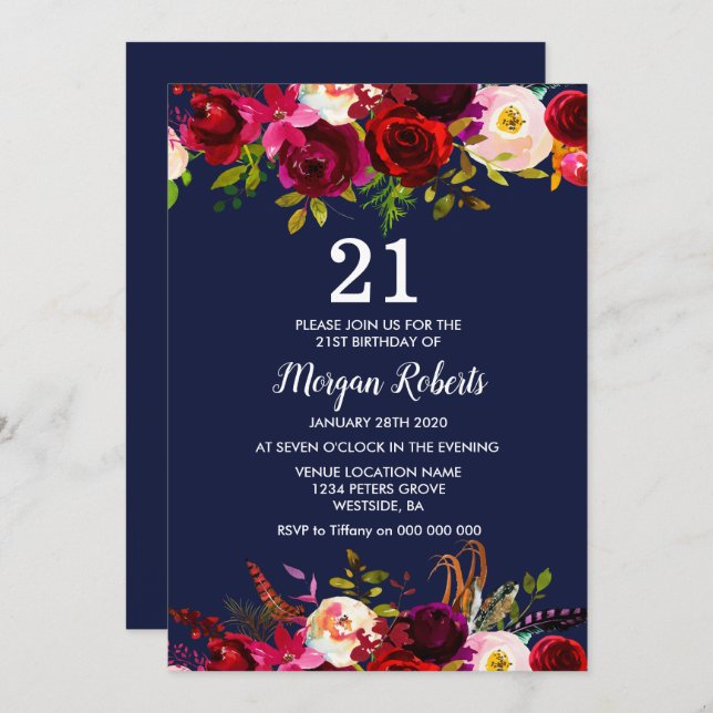 Navy Burgundy Floral 21st Birthday Party Invite (Front/Back)
