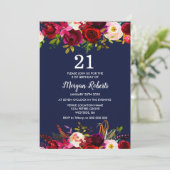 Navy Burgundy Floral 21st Birthday Party Invite (Standing Front)
