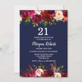 Navy Burgundy Floral 21st Birthday Party Invite (Front)