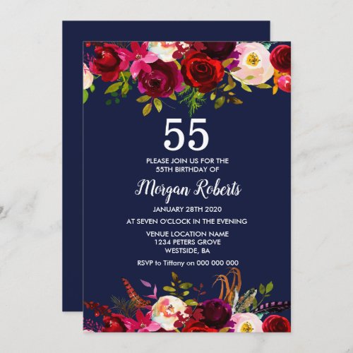 Navy Burgundy Floral 55TH Birthday Party Invite