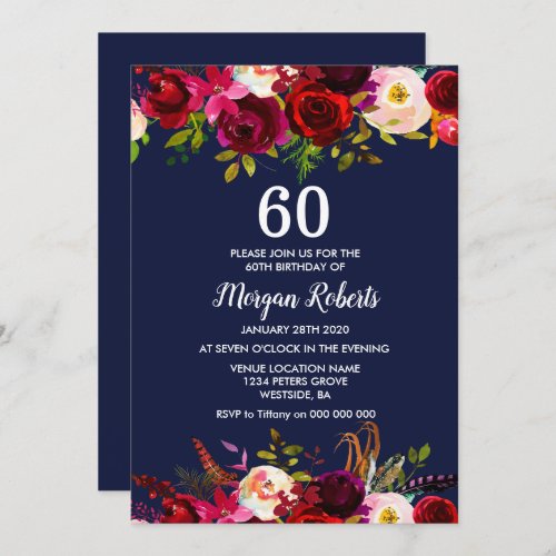 Navy Burgundy Floral 60th Birthday Party Invite