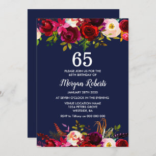 Navy Burgundy Floral 65TH Birthday Party Invite