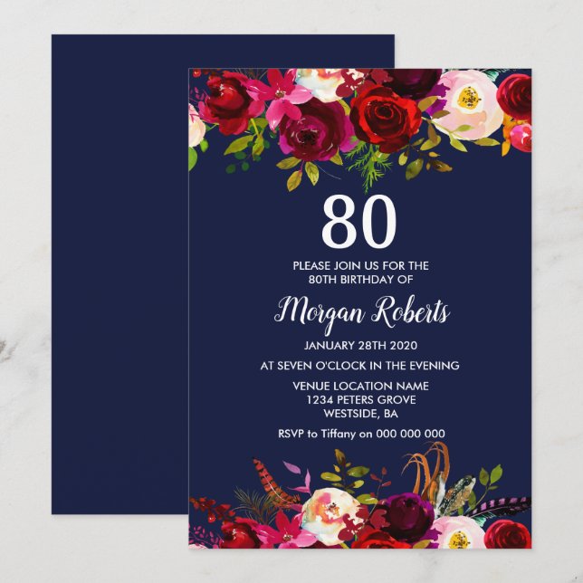 Navy Burgundy Floral 80th Birthday Party Invite (Front/Back)