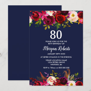 Navy Burgundy Floral 80th Birthday Party Invite