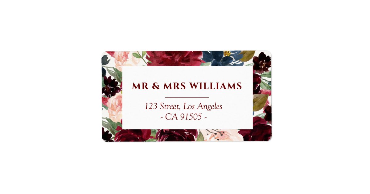 Navy burgundy floral address label | Zazzle