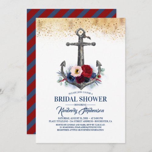 Navy Burgundy Floral Anchor Nautical Bridal Shower Invitation