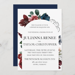 Navy & Burgundy Floral Arch Wedding Invitation