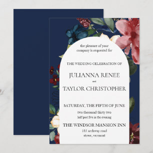 Navy & Burgundy Floral Arch Wedding Invitation