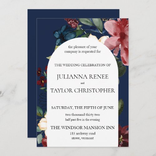 Navy  Burgundy Floral Arch Wedding Invitation