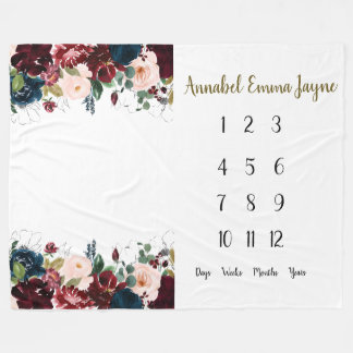 Navy, burgundy floral Baby 1st year Milestone  Fle Fleece Blanket